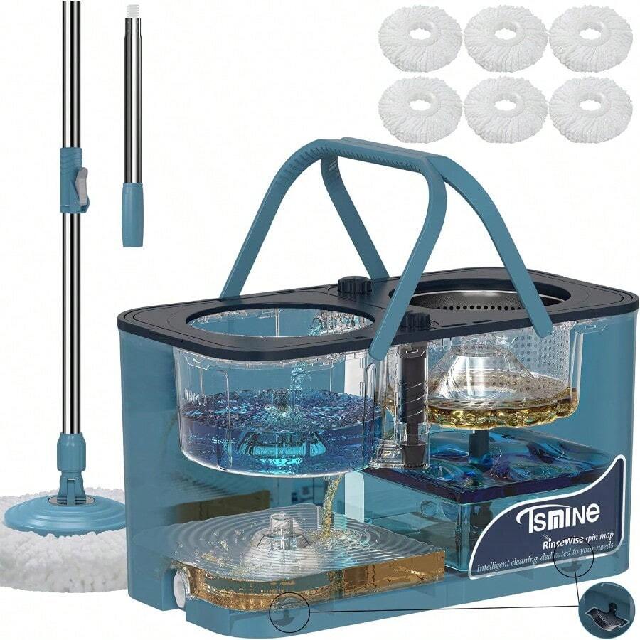 Gen 1 Large-Capacity Spin Mop And Bucket For Big Homes And Deep Cleaning Days4-Chamber System Separates Dirty And Clean Water 2-GAL Heavy-Duty Design With Wheels And 6 Refill Mop Heads - Blue/Grey - 196810431102 - 查看 1
