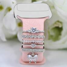 5pcs Watch Band Decorative Rings, Elegant Crystal Heart & Bow Decor Watch Charms, Multi-Color Options, Suitable For Apple Watch Bands, Suitable For Daily Wear - Silver - View 2