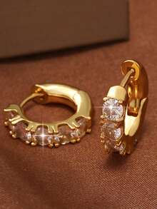 一对镶嵌圆形立方氧化锆的奢华经典耳环，适合女性在节日、婚礼、订婚、周年纪念日等场合佩戴，是理想的珠宝礼物。 - 金黃色 - 查看 6