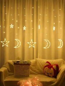 1pc 138L Moon & Star Window Curtain Light, 8 Modes USB Camping Decor Lamp, Star String Lights, LED Pentagram Fairy Lights, Suitable For Christmas, Festivals, Weddings, Holidays - Ánh sáng ấm áp - Xem 1