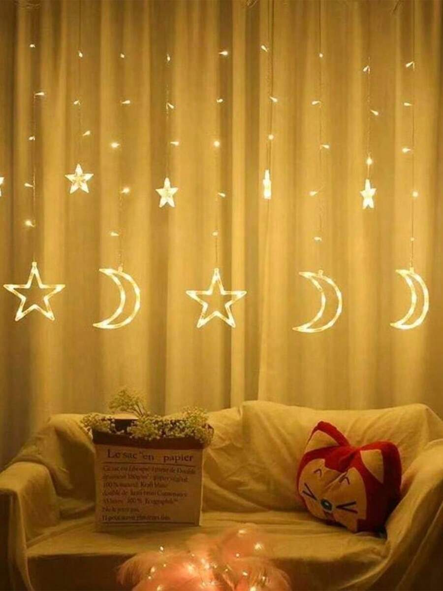 1pc 138L Moon & Star Window Curtain Light, 8 Modes USB Camping Decor Lamp, Star String Lights, LED Pentagram Fairy Lights, Suitable For Christmas, Festivals, Weddings, Holidays - Ánh sáng ấm áp - Xem 1