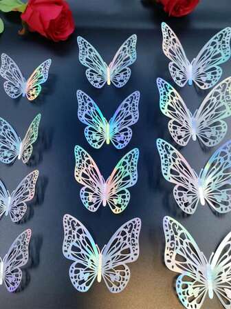 12 st/set 3D ihåliga fjärilsväggklistermärken, tårtdekor, bröllopsdekor, vardagsrumsinredning