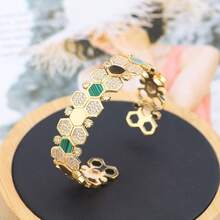 falinne 1pc S925 Sterling Silver Hexagon Honeycomb Adjustable Bangle Bracelet, Elegant Women's Jewelry Gift For Wedding, Engagement, Girlfriend Birthday