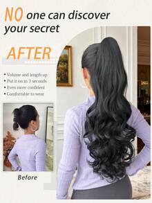 26-Inch Long Deep Wave Thermal Fiber Synthetic Ponytail Hair Extension, Claw Clip Design, Suitable For Daily Wear - Black - View 4