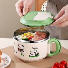 1个304不锈钢卡通图案方便面碗，带折叠勺、滤网、盖子，可作汤碗、饭碗或午餐盒
