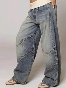 Y2K Low Rise Baggy Jeans For Women, Vintage Wave Patchwork Wide Leg Denim Pants With Knit Waistband, Streetwear Casual Trousers - 水鴨藍 - 查看 1