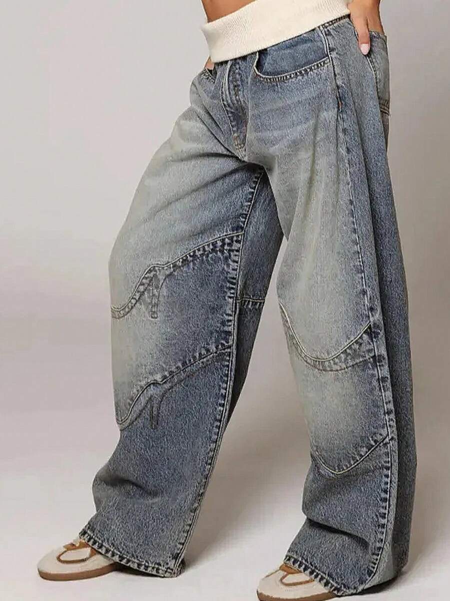 Y2K Low Rise Baggy Jeans For Women, Vintage Wave Patchwork Wide Leg Denim Pants With Knit Waistband, Streetwear Casual Trousers - 水鴨藍 - 查看 1