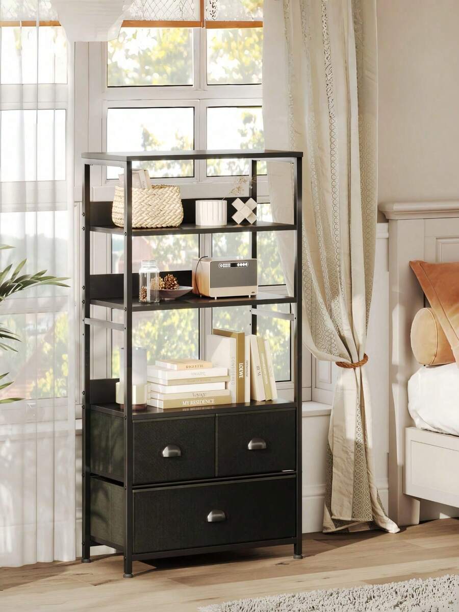 Armario de almacenamiento de cuatro niveles con tres cajones de tejido PU -estructura metálica negra- adecuado para salones, oficinas, dormitorios y cocinas, lo que lo convierte en una opción ideal para organizar libros, fotografías y objetos decorativos. - Negro - Ver 1