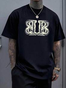 Manfinity Dauomo Hombre Verano letra impresa cuello redondo manga corta camiseta casual - Negro - Ver 1