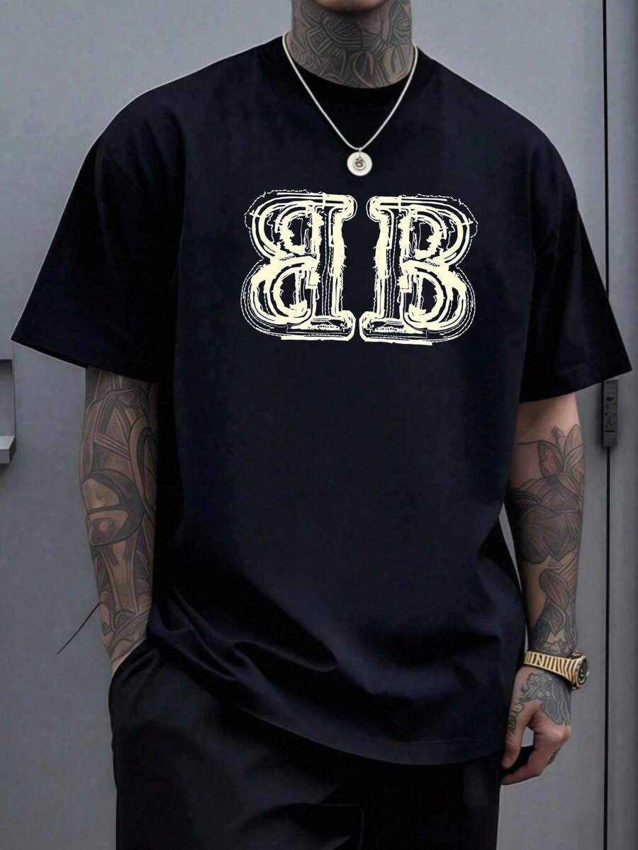 Manfinity Dauomo Hombre Verano letra impresa cuello redondo manga corta camiseta casual - Negro - Ver 1