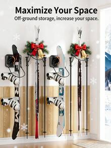 Ski Rack 2Pack, Ski/Snowboard Wall Mount, Skateboard Wall Mount, Fits Any Ski/Snowboard, Holds Up To 50lbs, Winter Gear Organizer, Vertical Ski Storage Rack For Home & Garage - Black and Orange - View 3