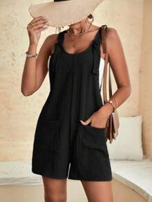 Women's Solid Color Wide Shoulder Strap Practical Pockets Simple Casual Jumpsuit - màu đen - Xem 2