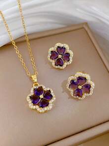 1 Set de Collar y Aretes de Flor de Cuatro Hojas Morada de Acero Inoxidable, Conjunto de Joyas de Moda, Collar y Aretes de Lujo Versátiles con Micro Incrustaciones Personalizadas, Accesorios de Regalo - Dorado - Ver 1