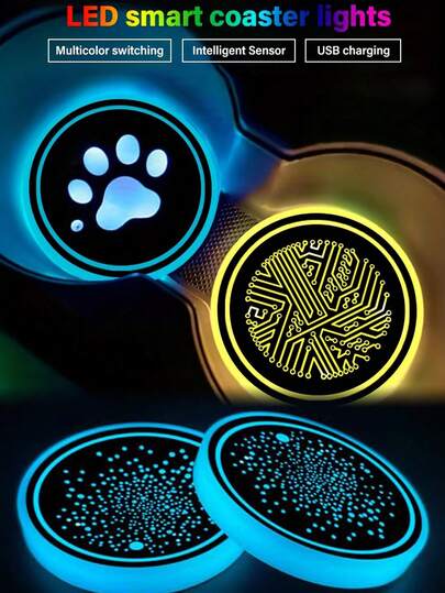 2pcs Car Cup Holder Pad, 150mAh Battery Capacity, LED Neon Light, Smart Sensing Colorful Atmosphere Light Cup Mat, USB Rechargeable Cup Pad, Luminous Cup Pad, Car Interior Accessories, Bar Decor, Home Decor, Car Decor, Home And Garage Organization