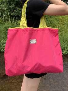 Large Capacity Drawstring Closure Washable Grocery Shopping Tote Bag, Foldable Handheld Storage Bag (All Printed Letters Random) - Hot Pink - View 4