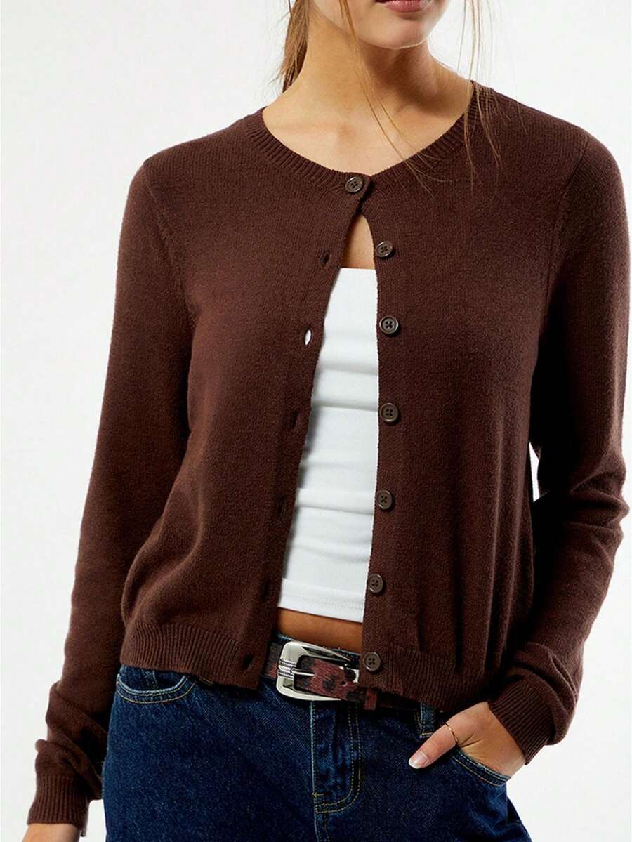 Womens Cardigan Sweaters Round Neck Long Sleeve Lightweight Button Down Sweater 2026 Spring Knit Tops - Dark Brown - View 1