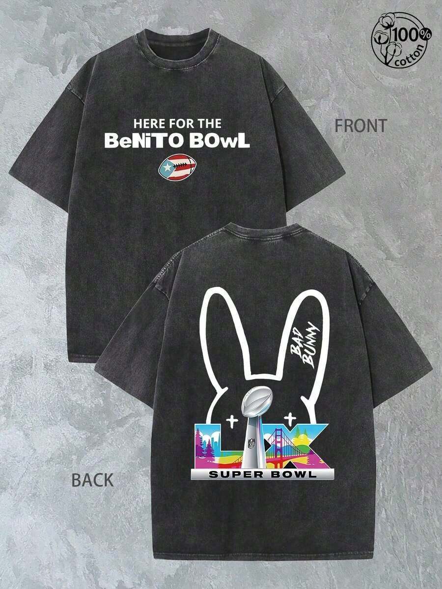 BadBunny Benito Bowl T Shirt,Retro Washed T-Shirt Double Sided Printed (230 Pure Cotton T-Shirt),Christian Gift, Men's T-Shirt, Men's Casual, Comfortable, Fashionable T-Shirt, Street Style Cottonwinter Clothes For Women ST Patrick' S Day - 黑色 - 查看 1