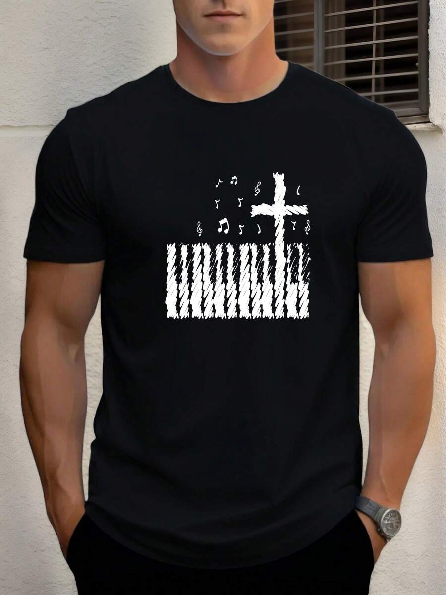 Camiseta Casual de Manga Corta para Hombre - Nota Musical Negra; Diseño Gráfico de Cruz Camiseta de verano transpirable. Cuello Redondo de Ajuste Regular para Atuendo Casual. Ropa con temática musical. Ropa casual de calidad. Camiseta de Corte Relajado Estilo minimalista. Material suave. Ropa para adultos - Negro - Ver 1