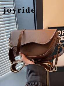 Classic Women's Retro Style Crossbody Bag, Fashion Versatile Solid Color Portable Adjustable Shoulder Strap Saddle Bag, Casual Minimalist Wide Strap Shoulder Bag, Suitable For Commuting, Shopping And Dating. - Coffee Brown - View 1