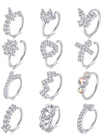 12 piezas Conjunto de aros nasales de acero inoxidable de alta pulido con estrellas/corazones con incrustaciones de CZ AAA+ brillantes en múltiples estilos - Ideal para uso diario con perforaciones, fiestas y regalos para ocasiones festivas