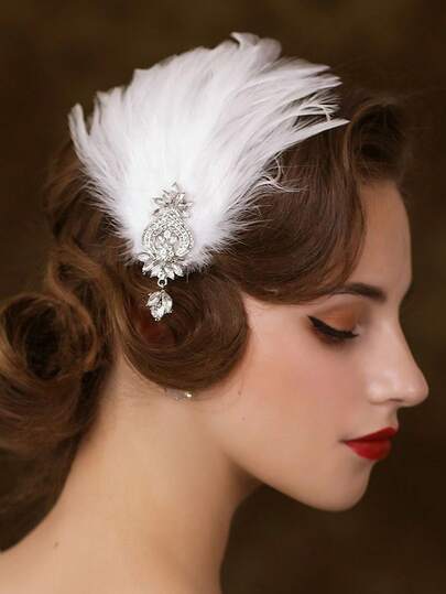 1件1920年代复古时尚羽毛发梳，水晶水钻羽毛发饰，女士优雅复古派对礼服装饰