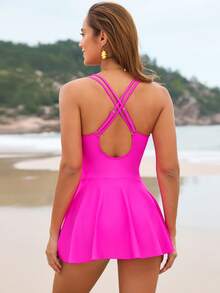 Deep V Halter Neck Swimdress - Tie Front One-Piece Womens Stylish Modest Swimwear - 玫紅色 - 查看 5