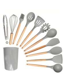 12件套硅胶烹饪用具套装，包括防刮铲、汤勺、汤匙、食物夹、刷子、打蛋器、夹子；木柄不粘锅具，多功能防刮烘焙厨房小工具，不粘耐热易清洗，可用洗碗机清洗，现代厨房用品，节日送礼佳品！ - 彩色 - 查看 15
