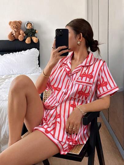 Dreamivo 情人节红色蝴蝶结条纹印花短袖短裤女士睡衣套装