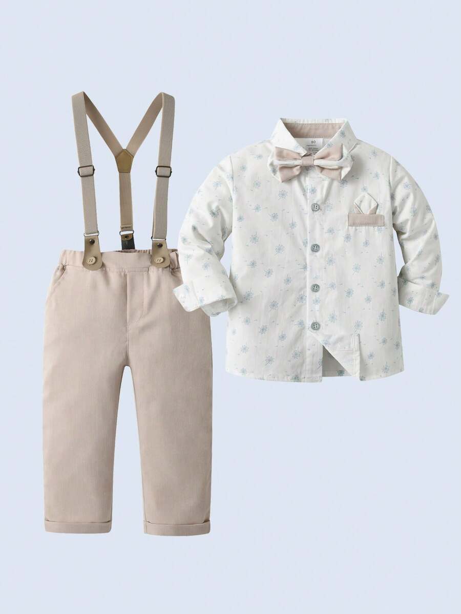 BOARNSEORL 两件套男童绅士套装 - 长袖衬衫配领结和卡其色背带裤，时尚优雅，适合生日派对、婚礼、节日场合。 - 卡其色 - 查看 1