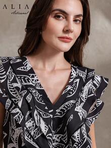 Elegant Ruffle Collar Blouse, New Leaf Print, Women's Shirt, Summer Top, Ruffle Hem Blouse, Summer Shirt, Casual Women's Wear, Dignified Top, Women's Summer Clothing - Black and White - View 2