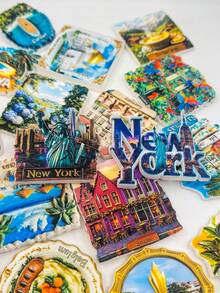 Ímã de geladeira com um dos principais pontos turísticos de Nova York: Estátua da Liberdade e vista noturna do horizonte. Lembrança de viagem, adesivo magnético 3D, presente decorativo criativo, sofisticado ímã de geladeira em PVC com resina em relevo 3D, decoração de cozinha, ímã com paisagem mundialmente famosa, presente para amantes de viagens. - Multicolorido - Ver 4