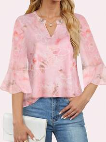 CheersLife Women's Fashion Double-Layer Mesh Blouse, 3/4 Ruffle Flare Sleeve Shirt - Coral Pink - View 2