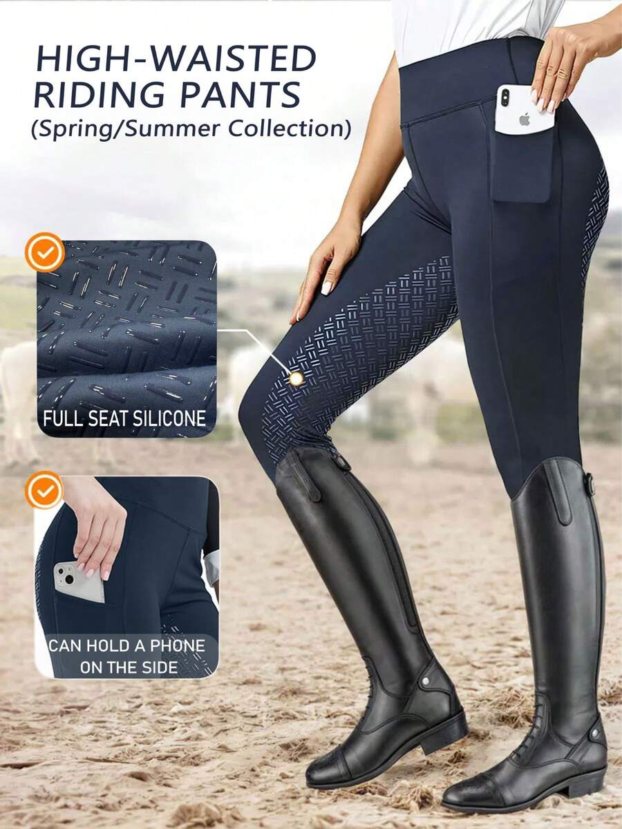 Women's High Waist Elastic Riding Pants, Full Silicone Tight-Fitting Stretch Slim, Silicone Grip, Elastic Polyester Fiber, With Side Pockets, Suitable For Spring/Summer Riding - Navy Blue - View 1