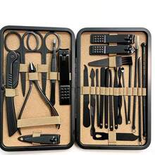 棕色皮革套装按扣 7/16/24/26/32 件美甲工具套装 S 角质层钳切割套装专业指甲钳修脚美甲美容工具 - 彩色 - 查看 25