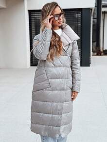 Women's Long Quilted Coat, Simple And Loose Cut, Snap Button Design, High Collar, Polyester Fabric, Smooth Lining, Knee Length, With Side Pockets, Suitable For Autumn And Winter Wear. - Beige - View 5