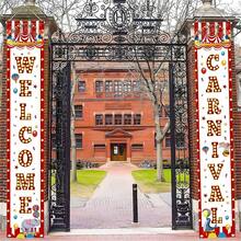 2-Piece Carnival Circus Polyester Door Pair, 12x 70.8inch Porch Flags With Clown, Balloon, And Tent Design, Perfect For Home, Party, And Outdoor Decoration - No Electricity Required - 樣式 1 - 查看 1