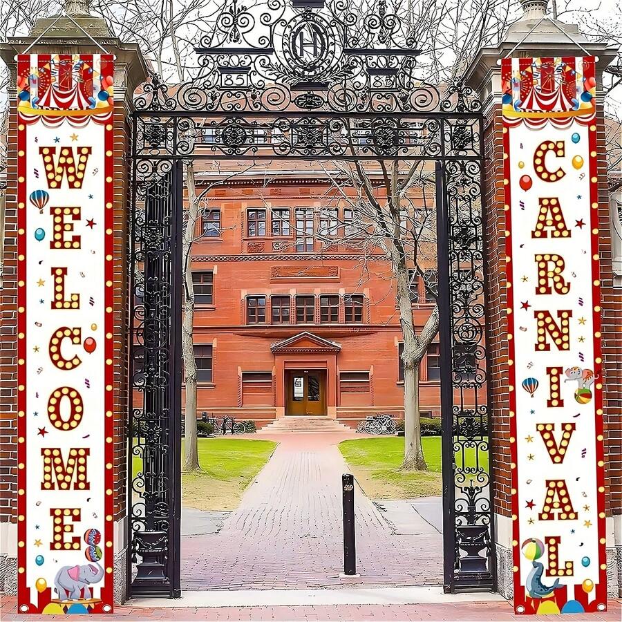 2-Piece Carnival Circus Polyester Door Pair, 12x 70.8inch Porch Flags With Clown, Balloon, And Tent Design, Perfect For Home, Party, And Outdoor Decoration - No Electricity Required - 樣式 1 - 查看 1