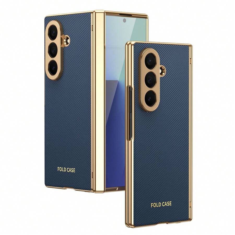 VIETAO Electroplated Material Faux Leather Full-Coverage Protective Phone Case Compatible With Samsung Galaxy Z Fold 7 6 5 4 Fold7 Fold6 Fold5 Fold4 With Tempered Glass Screen Protector Mobile Cover - Royal Blue - View 1