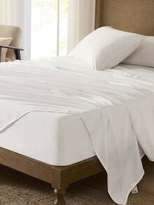 3/4件套深口袋10英寸床单枕套套装，包含床单*1、床笠*1、枕套*1/2，凉爽涤纶面料，适合怕热人士，奢华酒店品质，防缩水，可机洗，适用于家庭和学生宿舍，白色，通过Oeko-Tex认证 - 白色 - 查看 2
