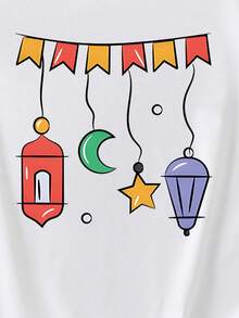 女童斋月灯笼、月亮和星星印花短袖T恤，节日礼物 - 白色 - 查看 3