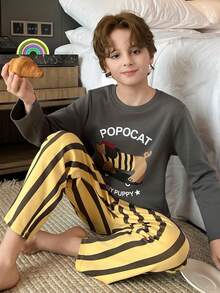 2pcs/Set Tween Boys Cartoon Puppy Print Crew Neck Long Sleeve Striped Autumn Wear, Soft Knit Fabric Children Casual Home Sleepwear - Black - View 4