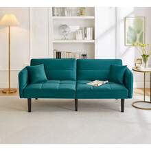 Adjustable 2-In-1 Sofa Bed – Two-Seater With Velvet Upholstery, Folding Armrests And A Sleeping Function, Ideal For Small Spaces - Teal Blue - View 9