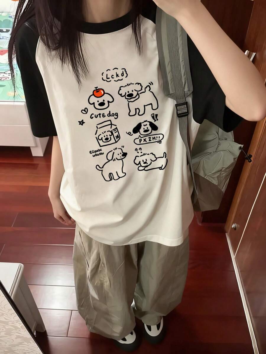 女士插肩撞色圆领休闲日文字母和狗狗印花短袖T恤，春夏款 - 黑與白 - 查看 1