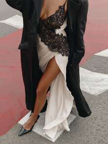 一件纯色优雅性感休闲针织面料露背系带蕾丝拼接连衣裙，适合派对、海滩、度假、夏季四季穿着。 - 杏色 - 查看 3