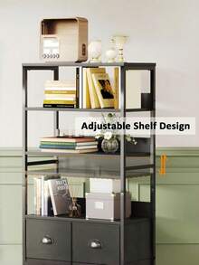 Armario de almacenamiento de cuatro niveles con tres cajones de tejido PU -estructura metálica negra- adecuado para salones, oficinas, dormitorios y cocinas, lo que lo convierte en una opción ideal para organizar libros, fotografías y objetos decorativos. - Negro - Ver 6