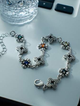 1pc Colorful Zirconia Clover Bracelet, Delicate & Luxurious Quatrefoil Charm Bracelet, Suitable For Women's Daily Wear