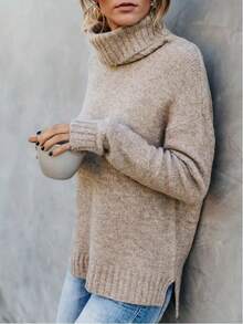 High Neck Versatile Knitted Sweater, High Low Split Design Tops, Casual Style For Autumn/Winter - Khaki - View 3