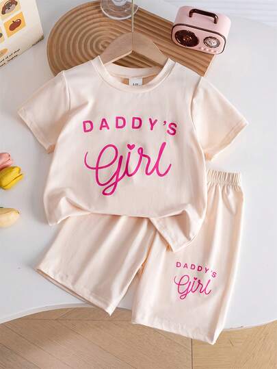 Young Girls 2pcs Set Minimalist Letter Print T-Shirt And Printed Shorts Outfit