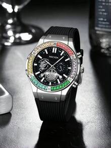 Reloj de hombre de marca MSCXDK, correa de silicona, esfera decorada con cristales, reloj deportivo militar casual (sin caja) - Plateado - Ver 3