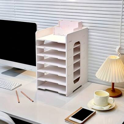 7-Tier Desktop File Organizer, White Paper Storage Rack With Drawers, Office File Management Organizer For Home Office, Study And Dorm